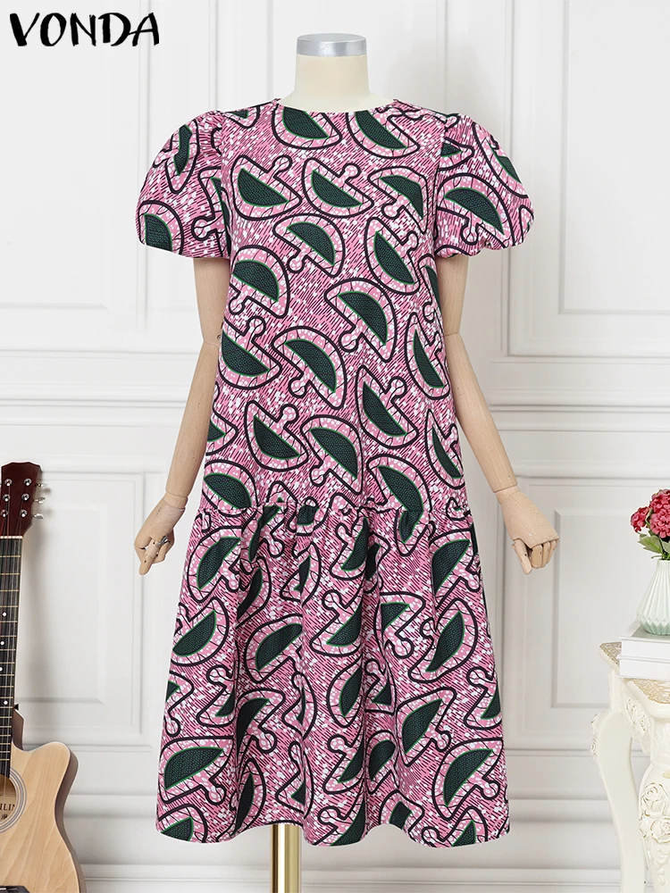 VONDA Gaun Motif Musim Panas Gaun Sundress Antik Pesta 2025 Gaun Longgar Lengan Puff Wanita Jubah Midi Ruffle Kasual Wanita
