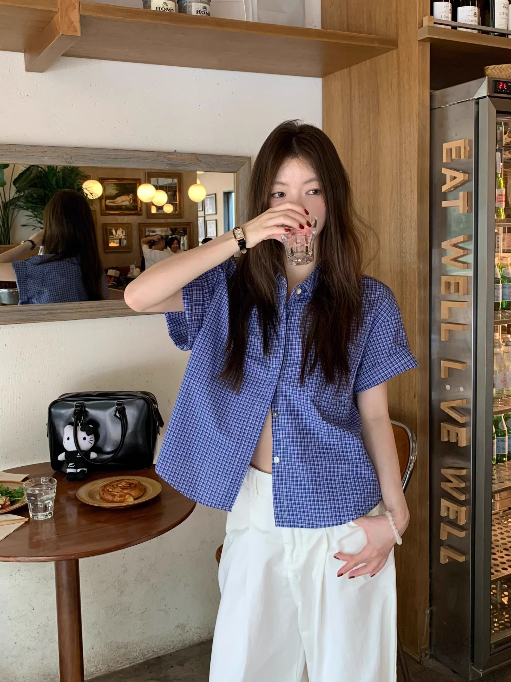 Csa Casual Azul de Manga Curta para Mulheres, Estilo Retro Americano, Nova Csa com Botões em Fibra de Poliéster