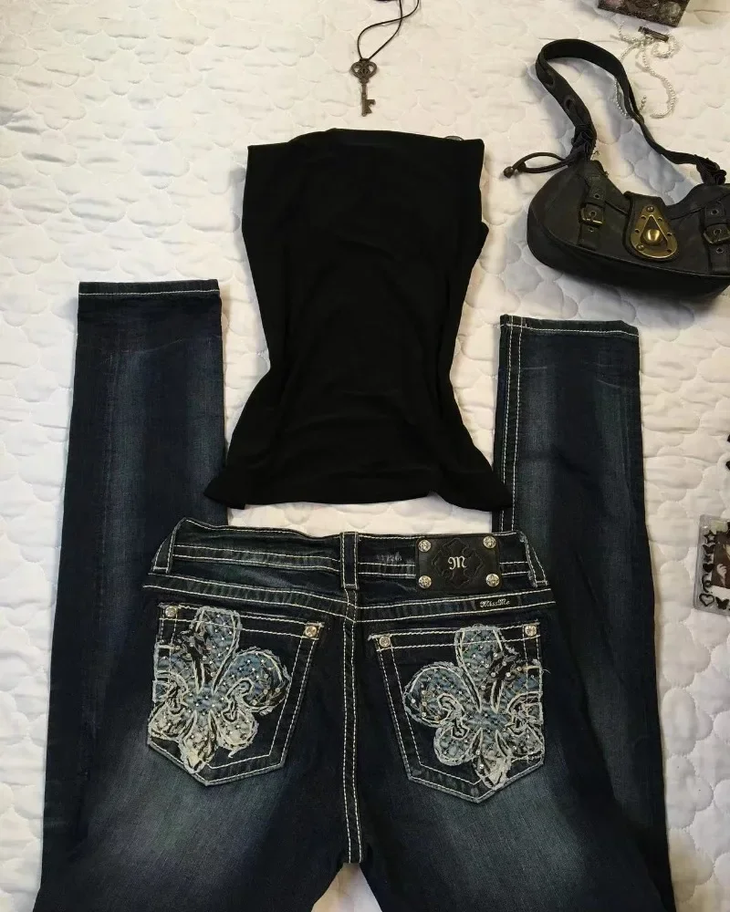 Vintage Sexy Couture Jeans Streetwear Y2K Harajuku Gestickte Baggy Jean Frauen Hip Hop Beliebte Hohe Taille Casual Breite Bein Hosen