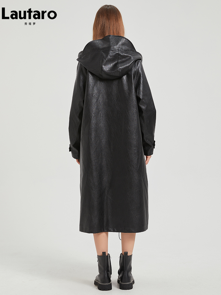 Lautaro-Manteau long en cuir PU imperméable pour femme, coupe-vent avec capuche, fermeture éclair, noir, décontracté, printemps, automne, 2024