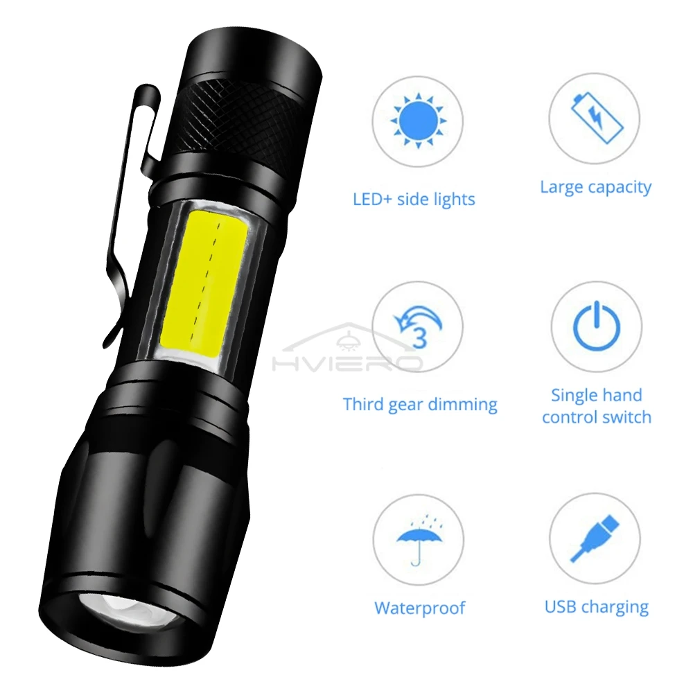 Linterna carga de batería Mini Led 3W foco lámpara lateral ajustable conveniente impermeable T6 luz Ultra brillante para acampar senderismo