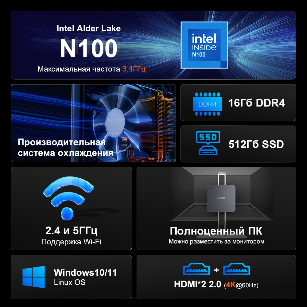 Мини-ПК Ninkear N10 Intel N100, четырехъядерный процессор, 3,4 ГГц, 16 ГБ + 512 ГБ, Windows 11 Pro