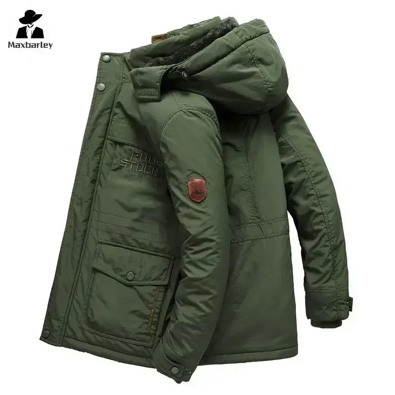 Parka de inverno masculino com vários bolsos, forro de lã espessada, jaqueta acolchoada à prova de frio, acampamento ao ar livre, boné removível, casaco quente masculino