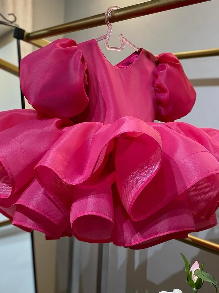 หรูหราชุดสาวดอกไม้ Rose Red Bubble Sleeve Party เสื้อผ้าเด็กน่ารักวันเกิดชุดชุดแต่งงานเสื้อผ้า