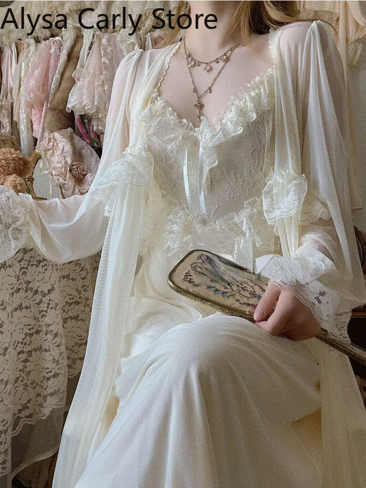 Vestido de hada Vintage francés para mujer, vestido coreano informal Sexy de encaje de otoño 2022, vestidos elegantes de gasa con tirantes largos para mujer