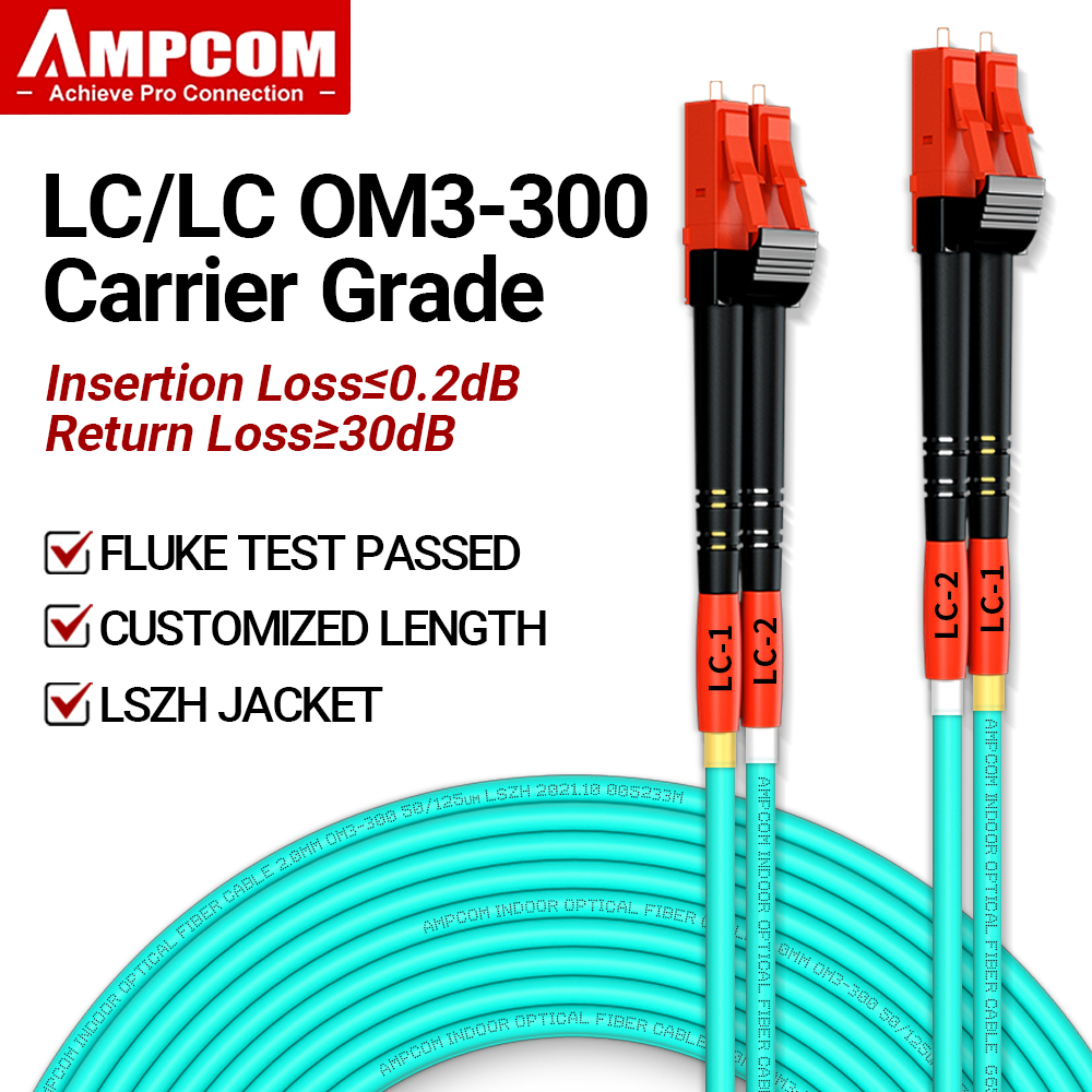 AMPCOM OM3 LC auf LC UPC Glasfaser-Patchkabel Multimode Duplex MMF 50/125 μm 10 Gbit/s Biegeempfindliches 2,0 mm Glasfaserkabel