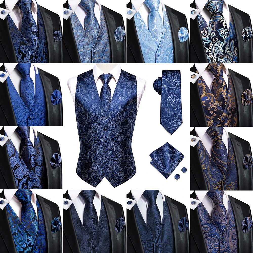 Hi-Tie Granatowa Kamizelka Męska Formalna Jedwabna Kamizelka Paisley Kurtka Krawat Chusteczka Spinki Do Mankietów Zestaw Dla Mężczyzn Sukienka Garnitur Wesele