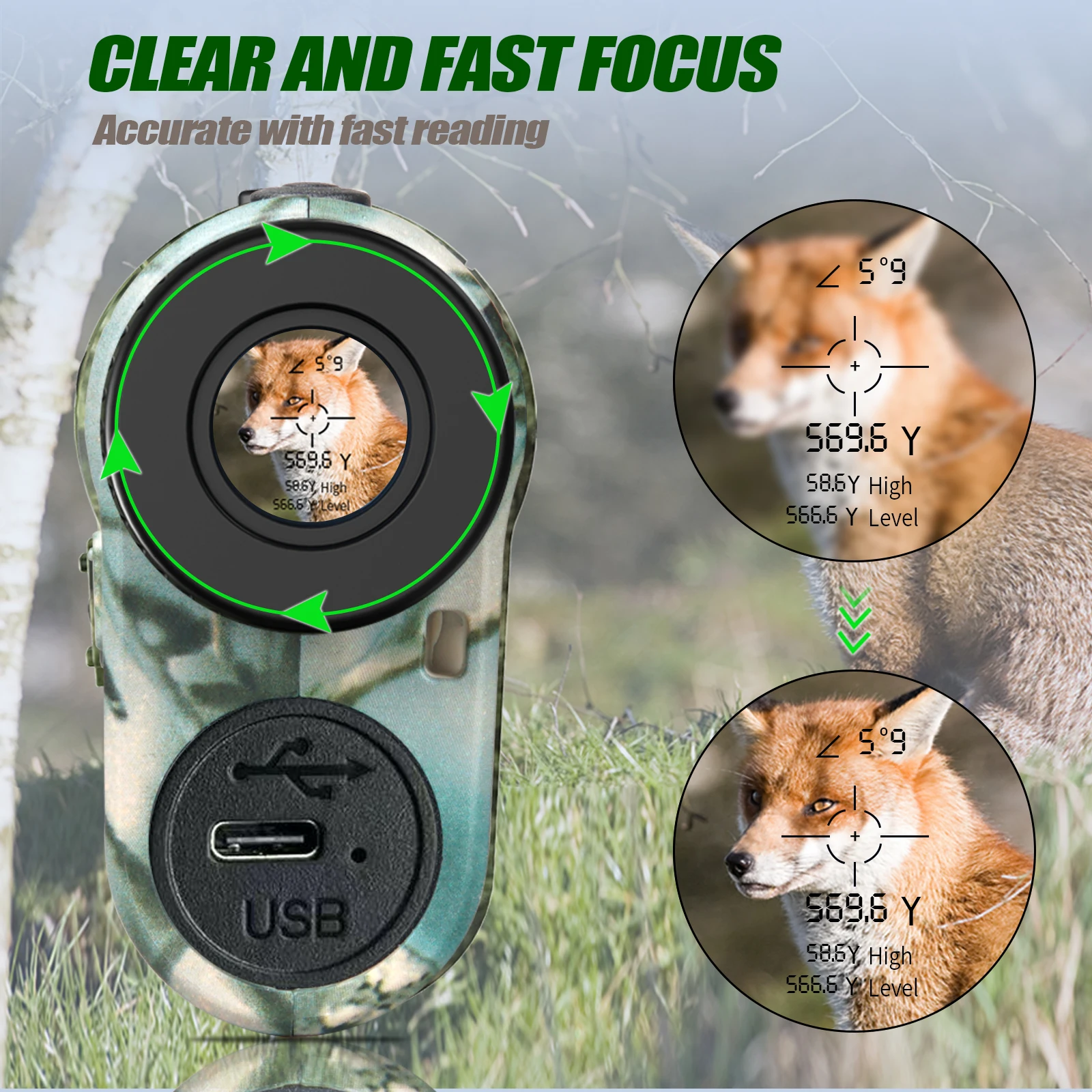 REVASRI Jagd-Laser-Entfernungsmesser 1000 Yards mit wiederaufladbarem Akku. Jagd-Entfernungsmesser mit Zielerfassungstechnologie E