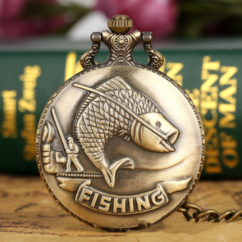 I migliori regali Orologio da tasca al quarzo in oro di lusso con design di pesci, collana con ciondolo, orologio da tasca per uomo e donna