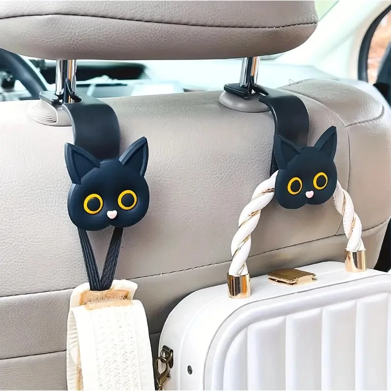 Ganchos para reposacabezas de asiento de coche con diseño de gato de dibujos animados en 3D, organizador Universal de almacenamiento de vehículos para bolsos, monederos, abrigos, 2 uds.