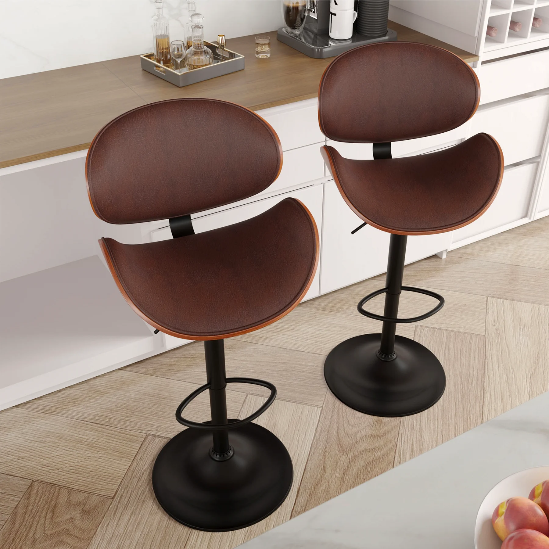 2 Pcs Bar Chair, 360 Degrees Swivel °   Rotatable Bar Stool with Backrest and Footrest, Pu Leather Upholstered, Suitable for Bar, Kitchen, Dining