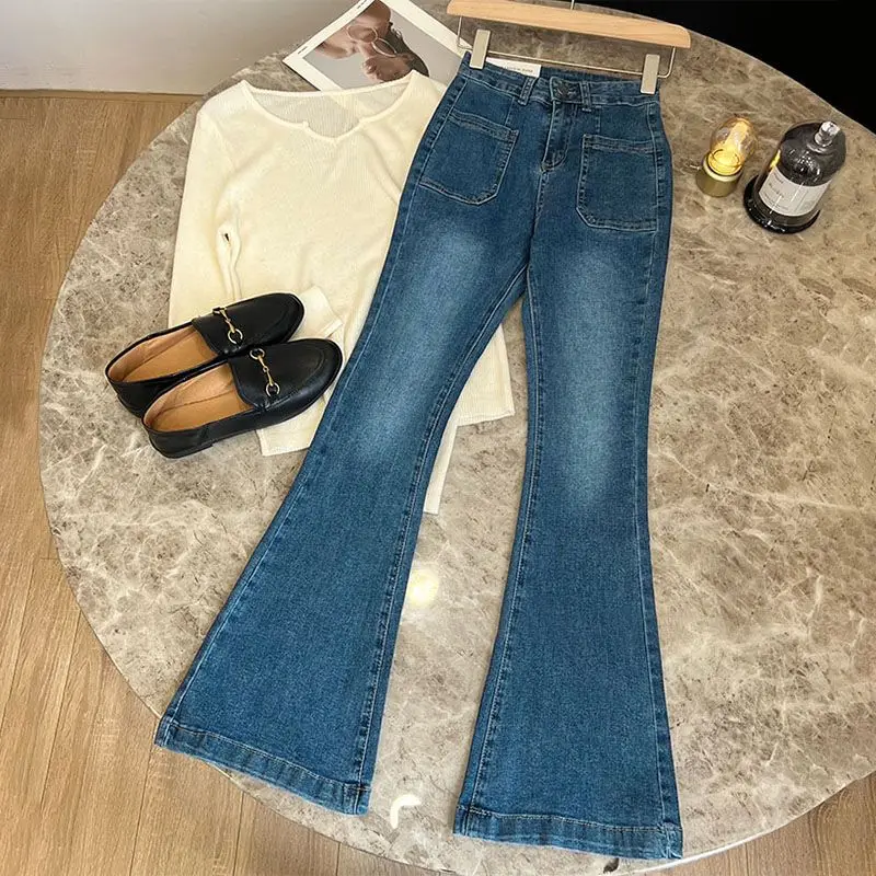 Pantalones vaqueros holgados de cintura alta para mujer, Vaqueros ajustados con bolsillos, acampanados, clásicos, elásticos, rectos, combinan con todo