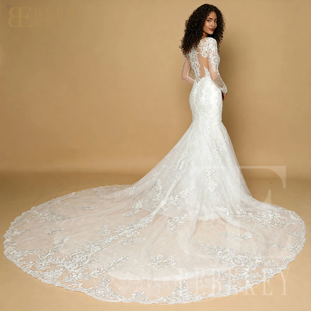 BEBEKEY Abito da sposa da donna in pizzo a maniche lunghe con scollo rotondo e strascico a cappella, abito a sirena per abito da festa di nozze