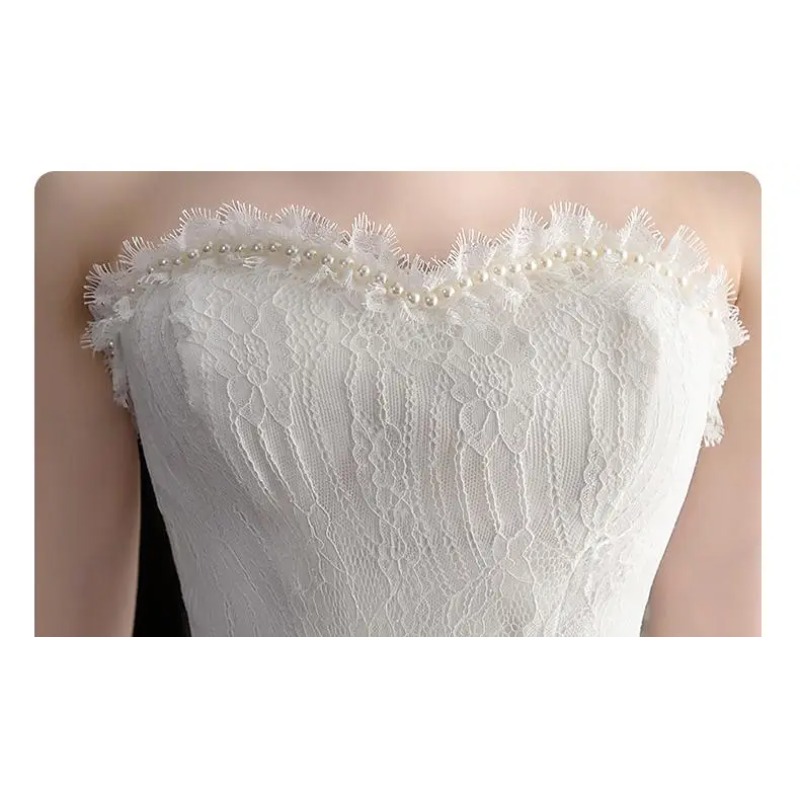 Nieuwe voorkant korte lange achterkant strapless trouwjurk zoete bruidjurk