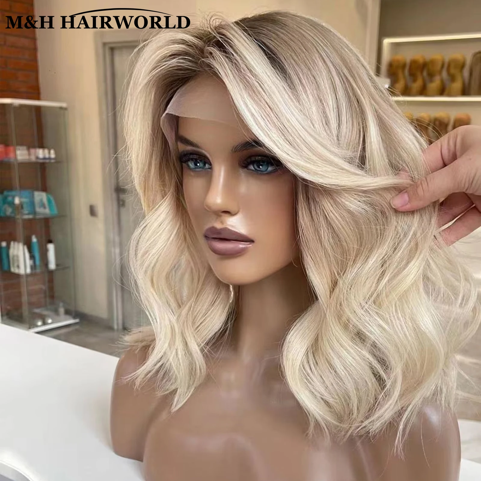 Peruca curta e ondulada para mulheres, loura cinza, destaques coloridos, cabelo sintético, peruca dianteira com renda, renda frontal 13x3