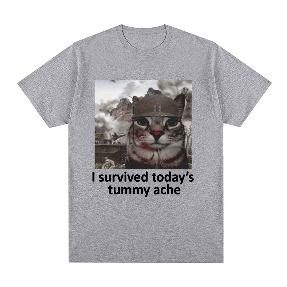 Camiseta I Survived Today's Tummy Pain, camiseta divertida de gato Meme, camiseta de manga corta para hombres y mujeres, camisetas informales de algodón de gran tamaño, ropa de calle