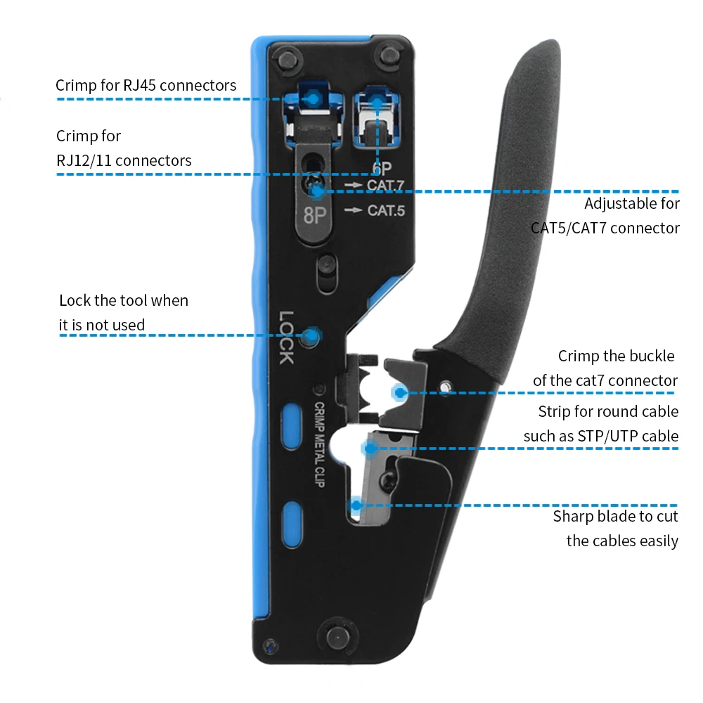 Ethernet All-in-one Wire Tool RJ45 Crimp Plier Pass Through Crimper Stripper Cutter for Cat7 Cat6 Cat5e 8P8C Modular Connector