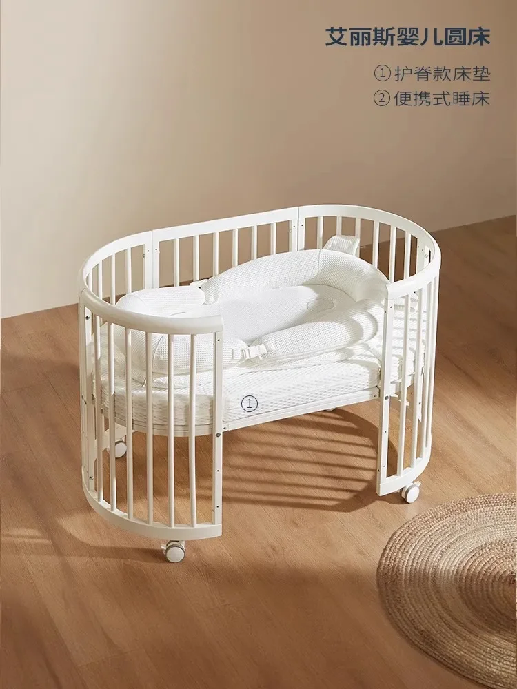 0〜6歳の赤ちゃん用の小さな丸い可動式多機能ベッド,無垢材,スプライス,新生児用クレードル