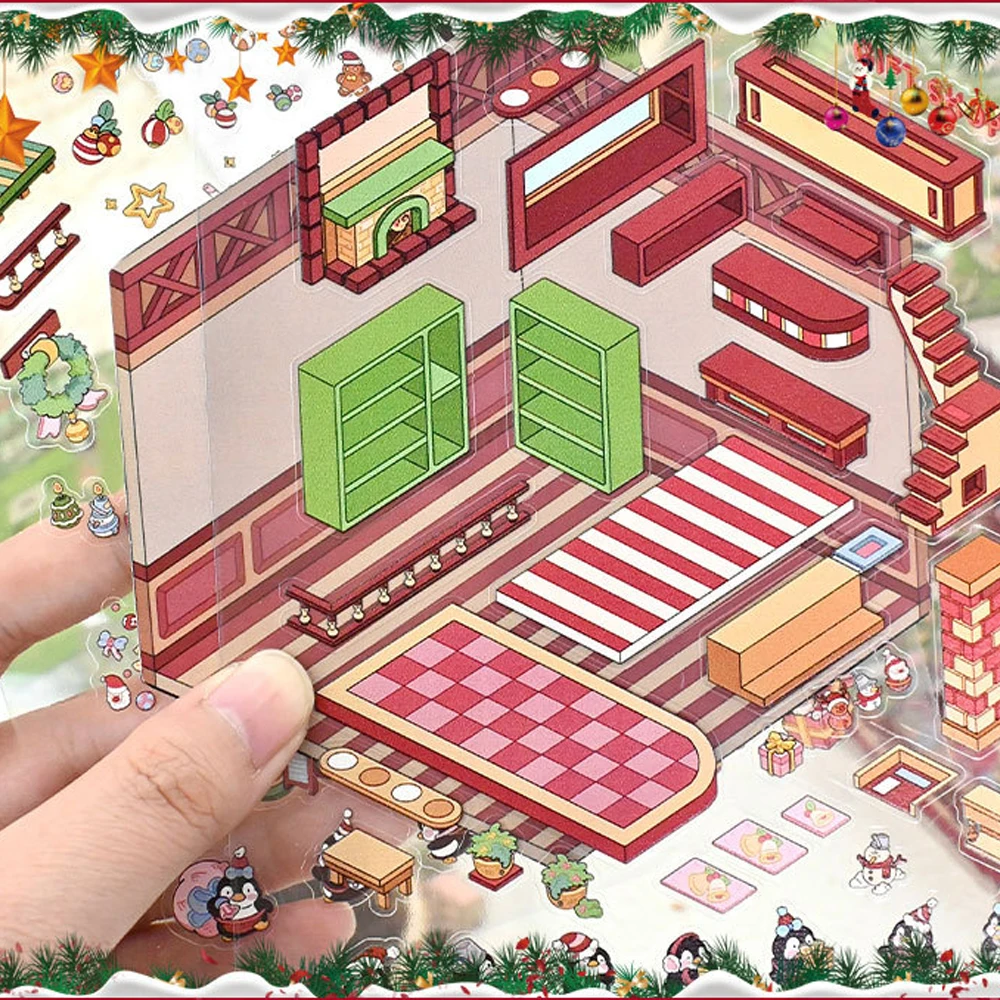 クリスマステーマ DIY 3D ステッカー漫画ポケットキャビンシーンスタッキングと貼り付けフェスティバル誕生日ギフト子供子供学生