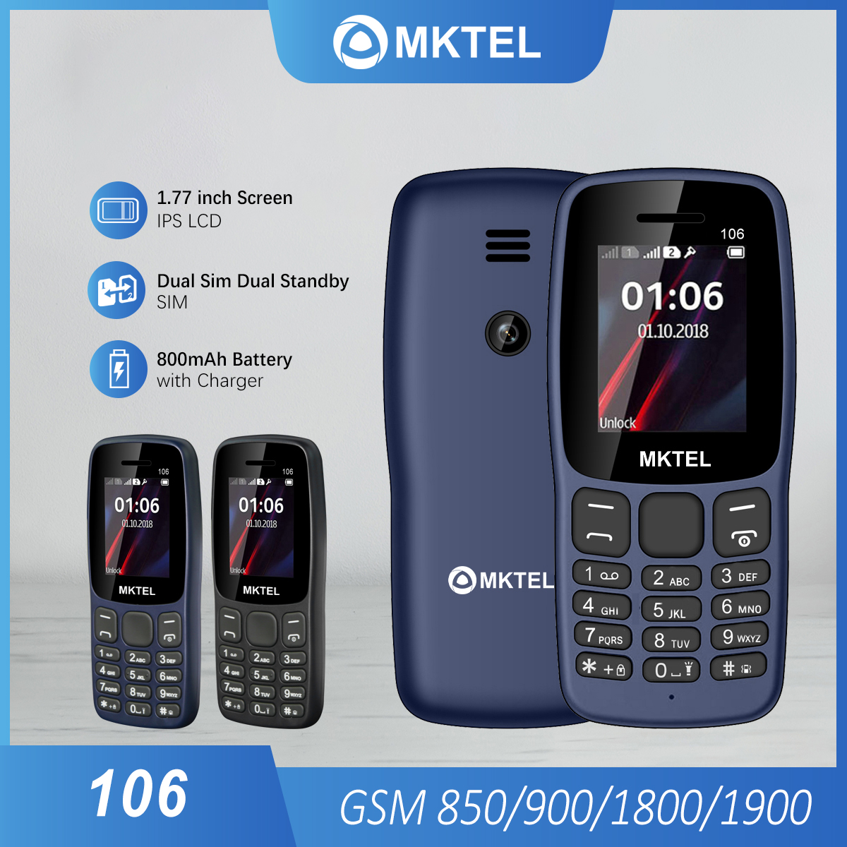 MKTEL 106 Feature Phone 1.77" Display 800mAh Battery Dual SIM Dual Standby Strong Torch MP3 MP4 FM Radio Bluetooth GPRS