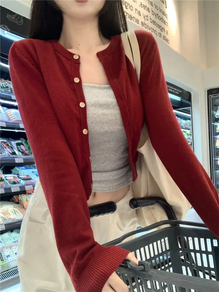 Cardigan Retro Tricotado F de Manga Curta e Longa para Primavera e Outono Estilo Doce Cor Pura Estilo Japonês