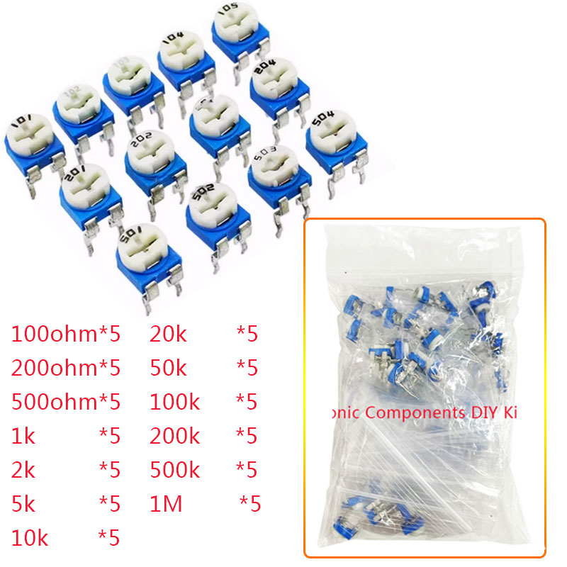 65PCS Trimmer Potentiometer RM065 Adjustable Resistance 100R~1M Potentiometers 1K 5K 10K 20K 50K 100K 500K 1M Variable Resistors