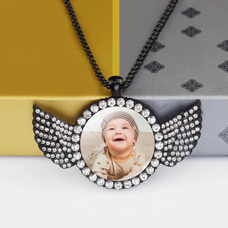 Pingente personalizado de asas de anjo com foto de bebê, corrente longa, strass, colar, cúpula de vidro personalizada, imagem, joias personalizadas