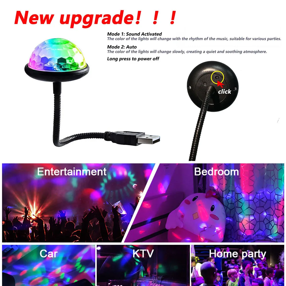 USB Mini Disco Ball Lights RGB Dj Lighting Sound Party Auto Многоцветный автомобильный атмосферный светильник Украшения комнаты Лампа Стробоскоп