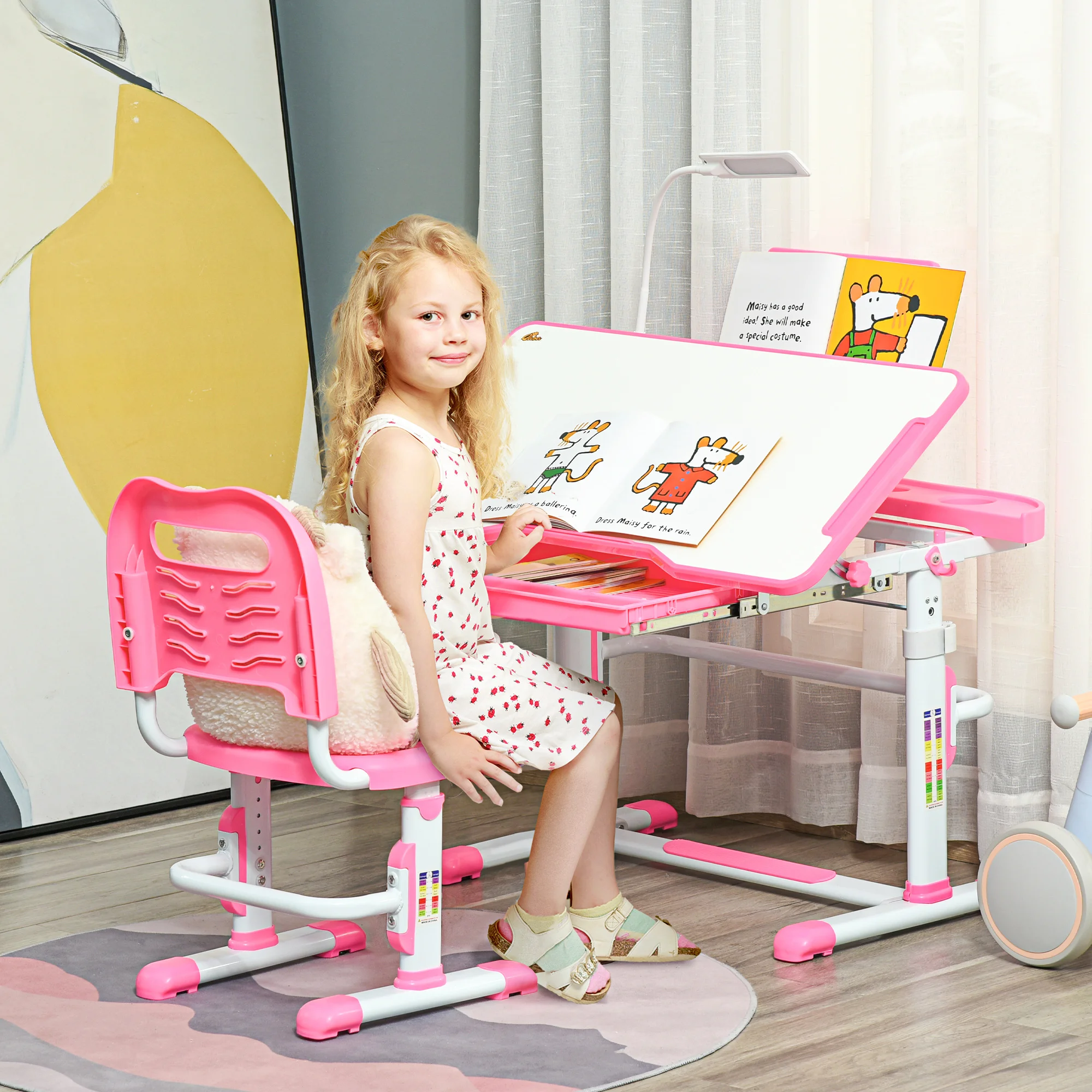 HOMCOM Schreibtisch- und Stuhlset für Kinder, höhenverstellbar, neigbare Tischschublade