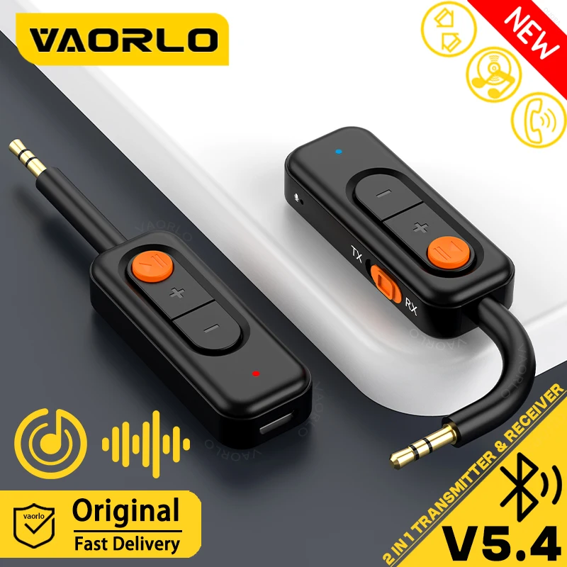 VAORLO 2 in 1 Bluetooth 5.4 Audio Sender Empfänger 3,5 MM AUX Hifi Stereo Wireless Music Adapter mit Mikrofon für Auto Flugzeug TV PC Kopfhörer Lautsprecher
