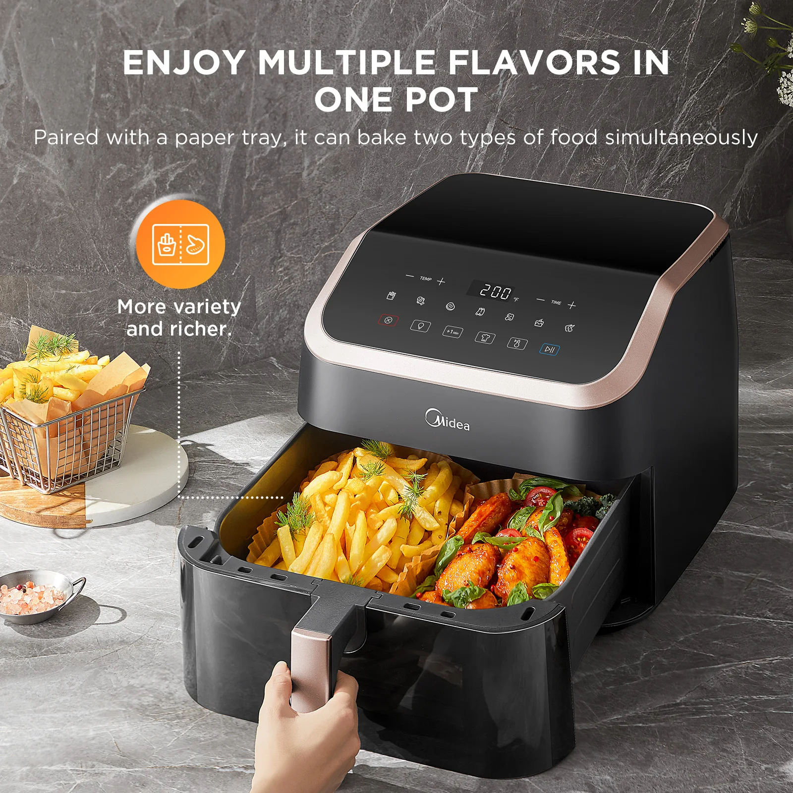 Friggitrice ad aria Midea XXL 9 L, 8 in 1, camere extra larghe, max 200 ° C, Friggitrice senza olio, Grigliare, Cottura, Arrostire, MAD85F9BPK