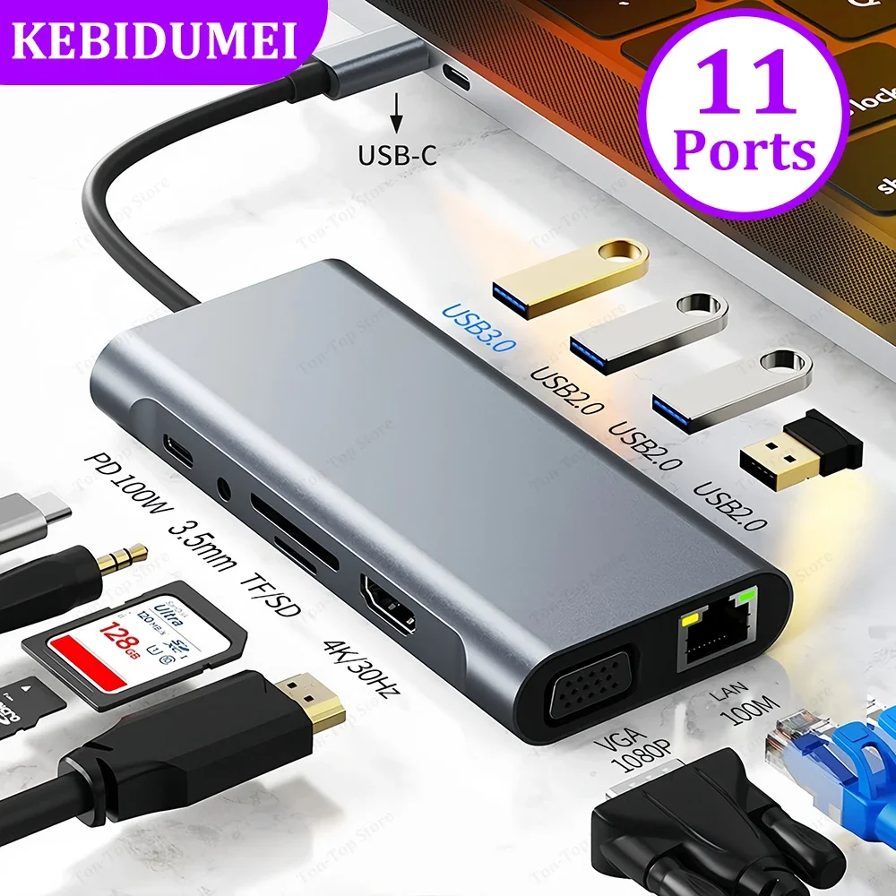11-in-1 USB C ドッキングステーション USB C ハブタイプ C to HDMI 4K USB 3.0 5Gbps 伝送 USB スプリッタアダプタラップトップ Macbook 用