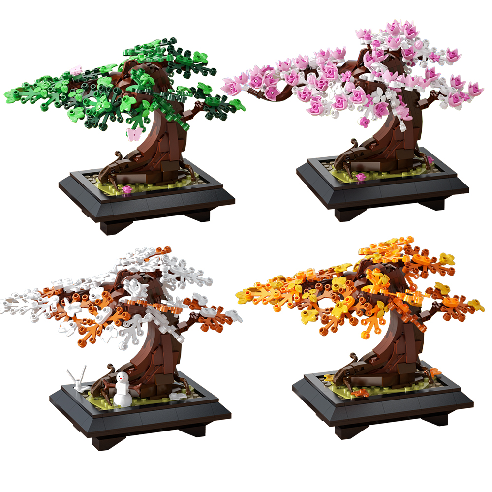 MOC-bloques de construcción de bonsái de flores para las cuatro estaciones, árbol bonsái, planta en maceta, decoración del hogar, ladrillo, juguetes creativos DIY, regalo para niños