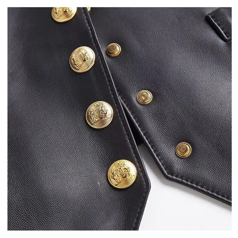 Chaleco de cuero genuino con cuello en V para Mujer, gabardina occidental, Tops con una botonadura, informal, fácil de combinar, otoño