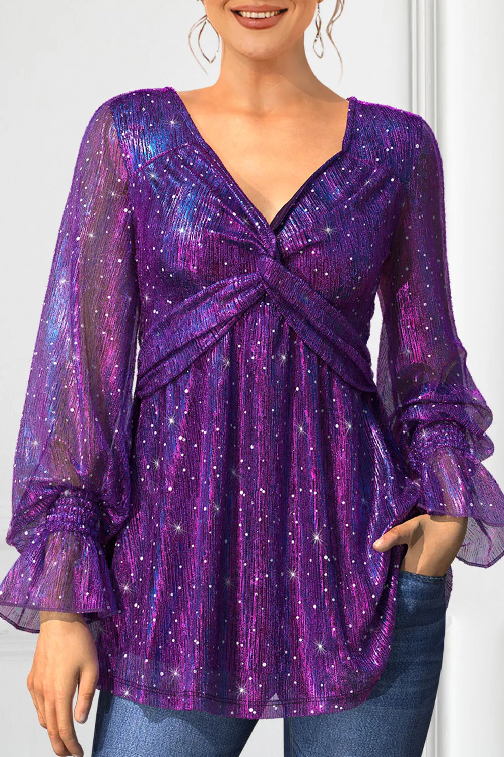 Flycurvy-Blusa de manga larga con cuello en V para mujer, camisa informal de color azul con botones degradados, talla grande, Otoño e Invierno