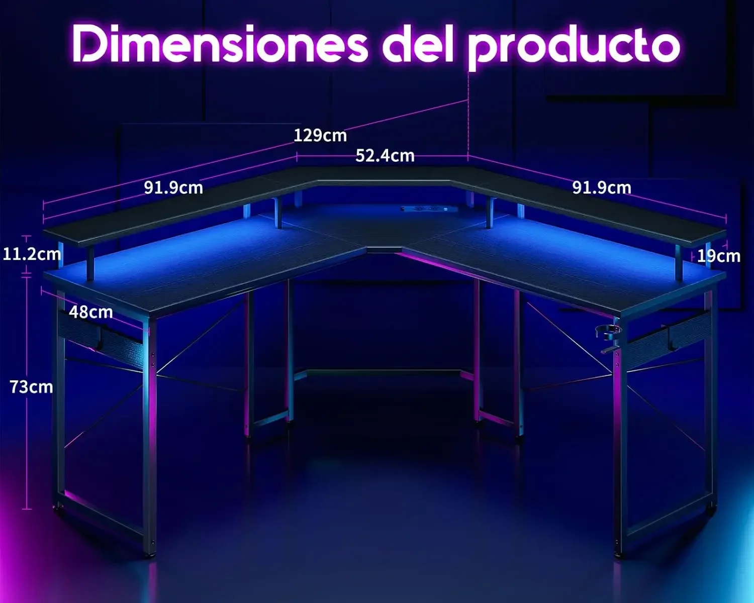 Mesa Gaming con LED, Escritorio Gaming con Enchufes y Puertos USB, Mesa Escritorio Gaming con Soporte para Monitor