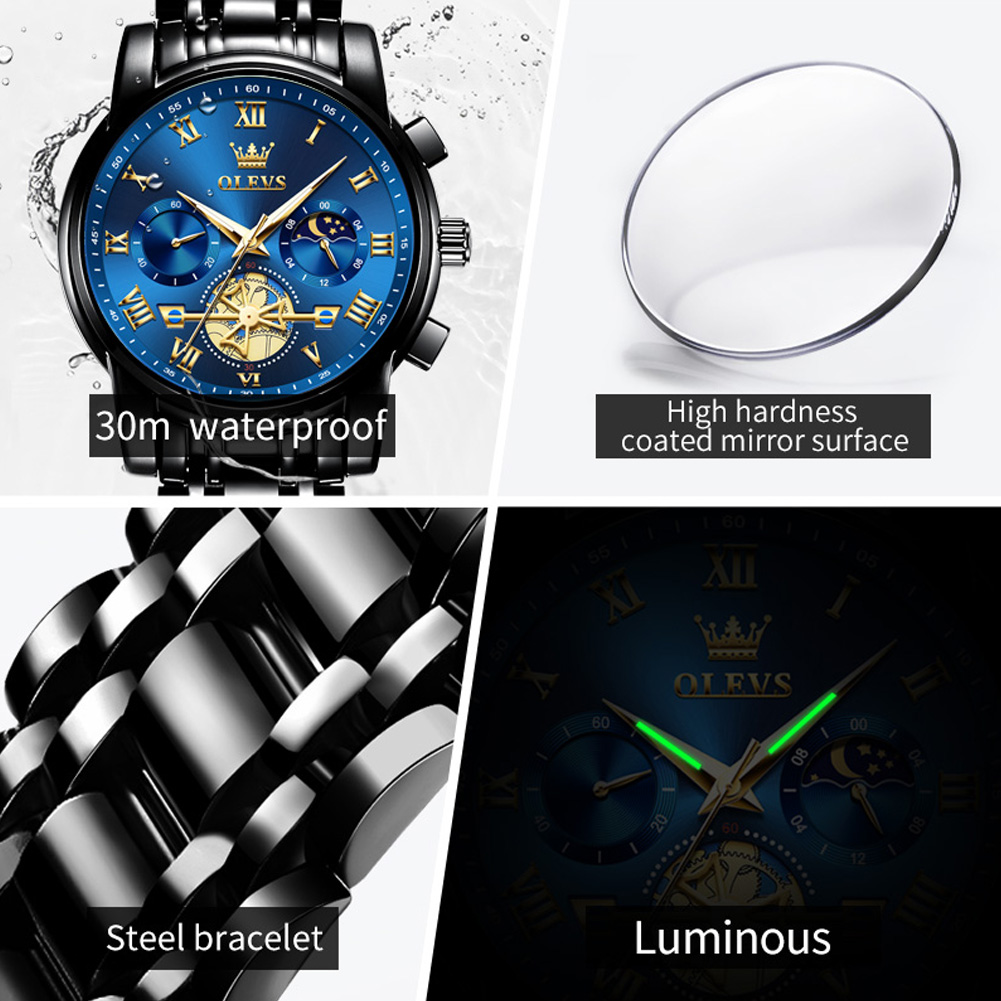 OLEVS 2859 Flywheel Design Man Watch 24 hour Moon Phase Chronograph Waterproof Luminous Multifunction Men's Quartz Wristwatches