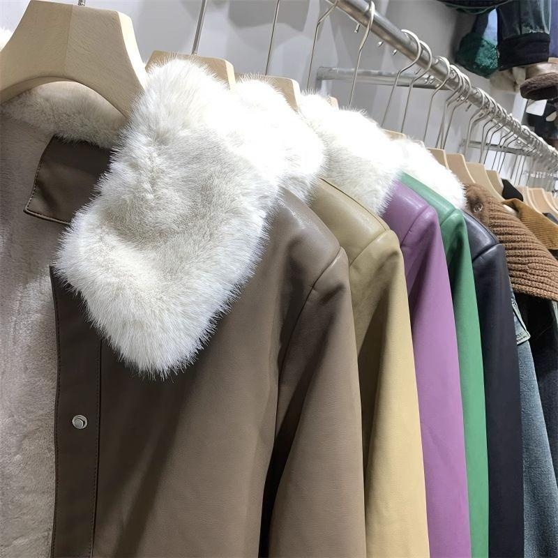 American Sle Fleece Lined PU Leather Jacket Women Thickened Short Coat Autumn Winter New Sle High Sensation Small Size Fu...