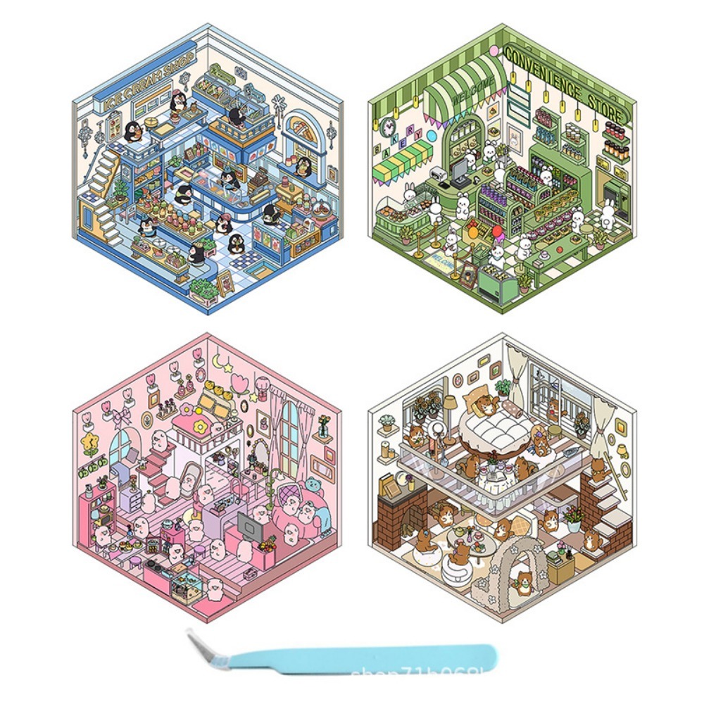Kawaii 3d paisagismo adesivos dos desenhos animados cena em miniatura empilhamento visual adesivos tridimensionais presente de natal para crianças