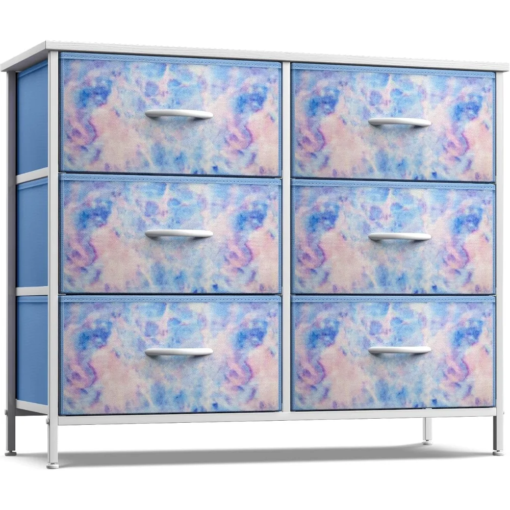 Kids Dresser with 6 Drawers - Storage Chest Organizer Unit with Steel Frame, Wood Top & Handles, Tie-dye Fabric Bins
