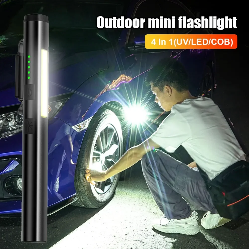 Multifunktionale 4-in-1-LED-Taschenlampe, Mini-USB, wiederaufladbar, 800 mAh, Stiftclip-Taschenlampe, 365 nm, UV-Licht, COB, Camping, Arbeit, Reparatur