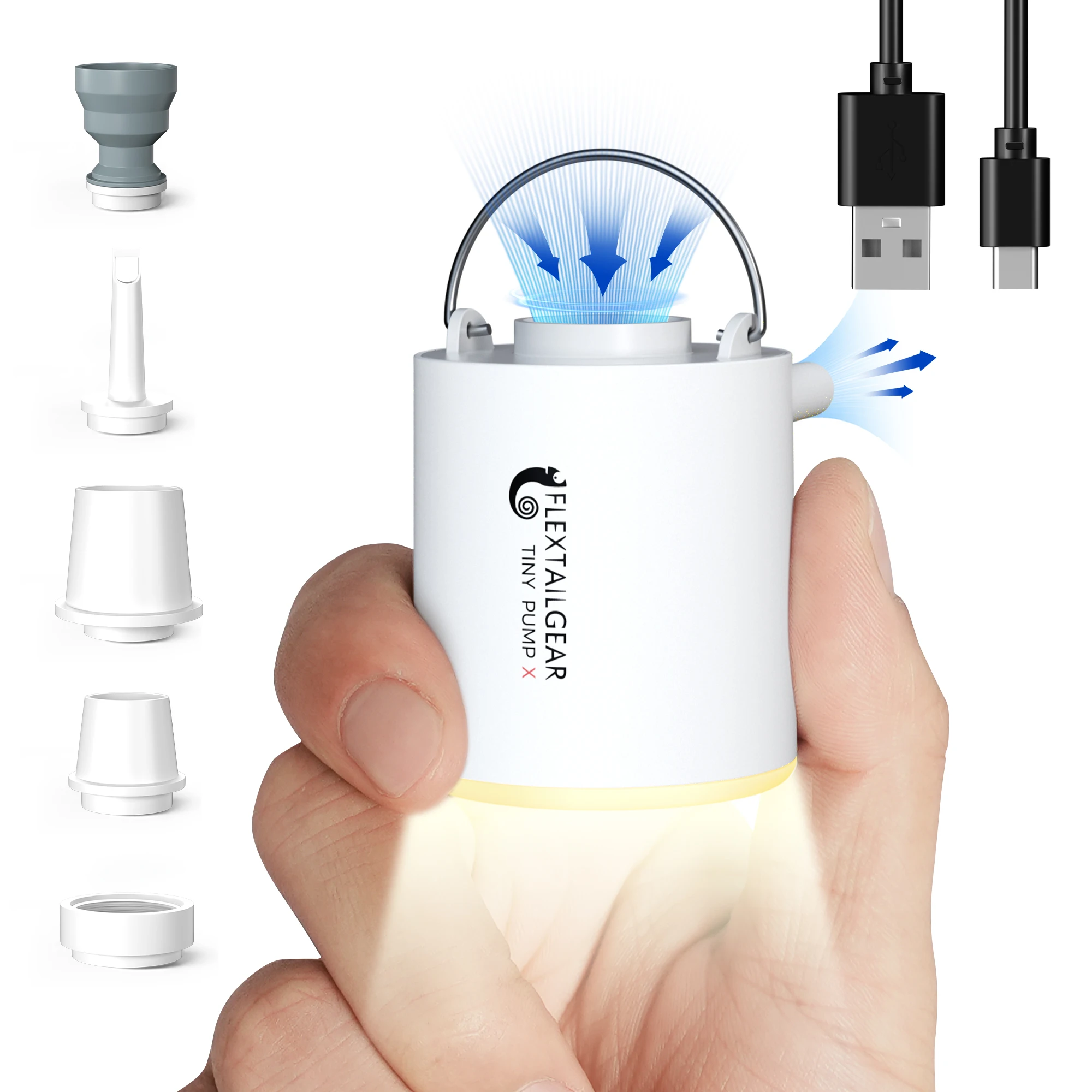 FLEXTAIL Pompa ad aria portatile, mini pompa da campeggio con luce, ricarica USB-C, ideale per materassini, materasso ad aria, sacchetti per aspirapolvere