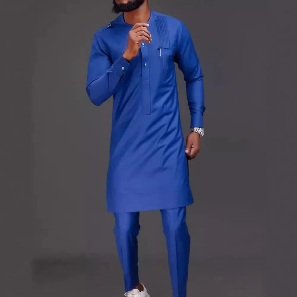 Vier Jahreszeiten Königsblau Neue Mode Herren 2-teiliges Set Afrikanischer Stil Ethinic Freizeitkleidung und Hosen Solide muslimische Männerkleidung