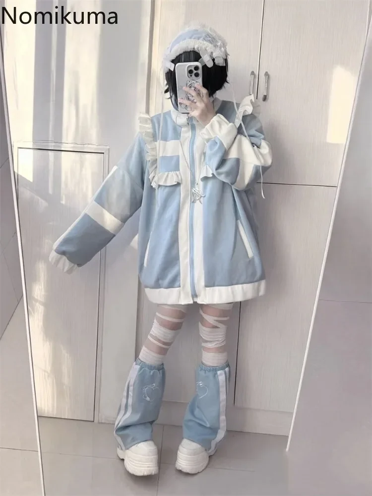 ญี่ปุ่นสําหรับผู้หญิงPatchworkแขนยาวขนาดใหญ่Outwear Y2k Tops Preppyสไตล์สบายๆแฟชั่นRuffles Lolita Y2kแจ็คเก็ต