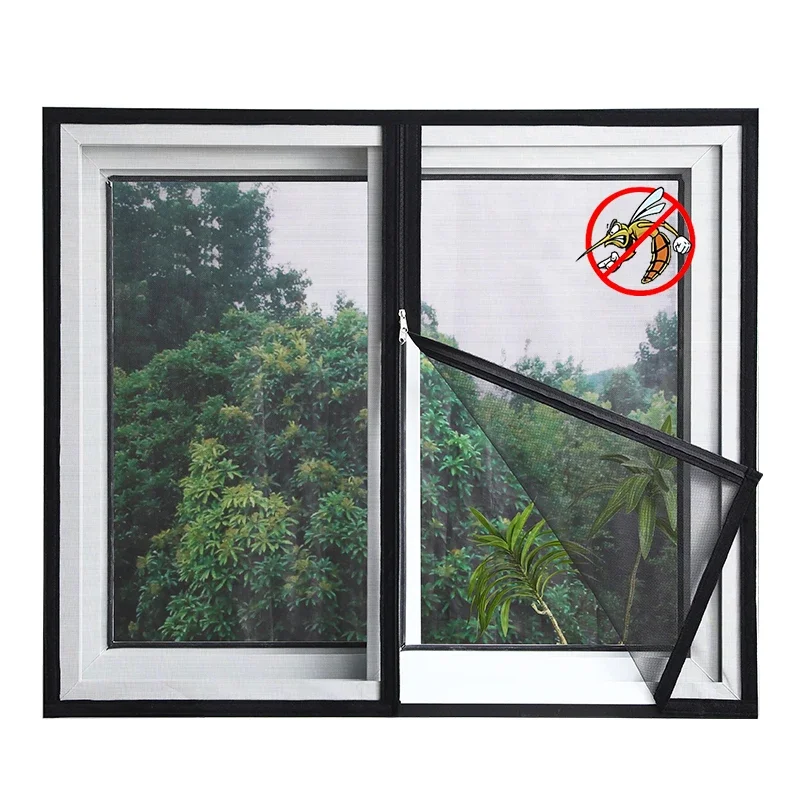 Negro, tamaño personalizado, malla de ventana con cremallera, cremallera autoadhesiva, mosquiteras para ventanas, cortina de puerta de ventana antimosquitos