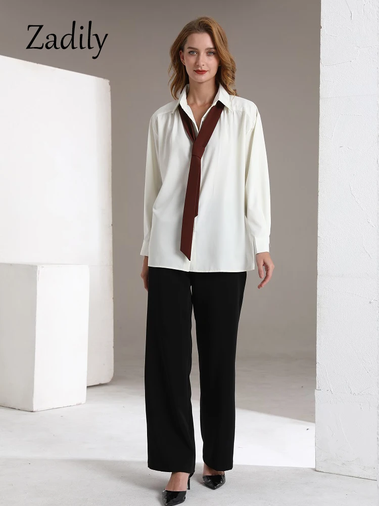 Zadily 2024 Zomer Minimalistisch Lange Mouw Knoop Shirt Vrouwen Koreaanse Stijl Effen Stropdas Oversized Shirts Blouse Losse Kleding Tops