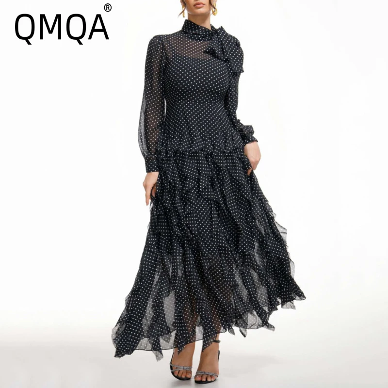 QMQA Fashion gaun elegan wanita pita polkadot cetak pinggang tinggi lengan panjang gaun Ruffles ayunan besar perempuan 2025 baru 1A104