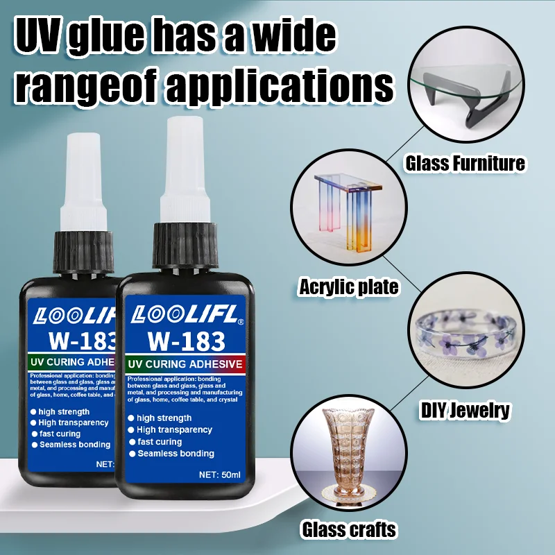 LOOLIFL ใหม่ W-183 Strong 50ml UV กาวบ่มกาว UV Curing แก้วคริสตัลและโลหะ ABS Bonding เชื่อม UV curing โคมไฟ