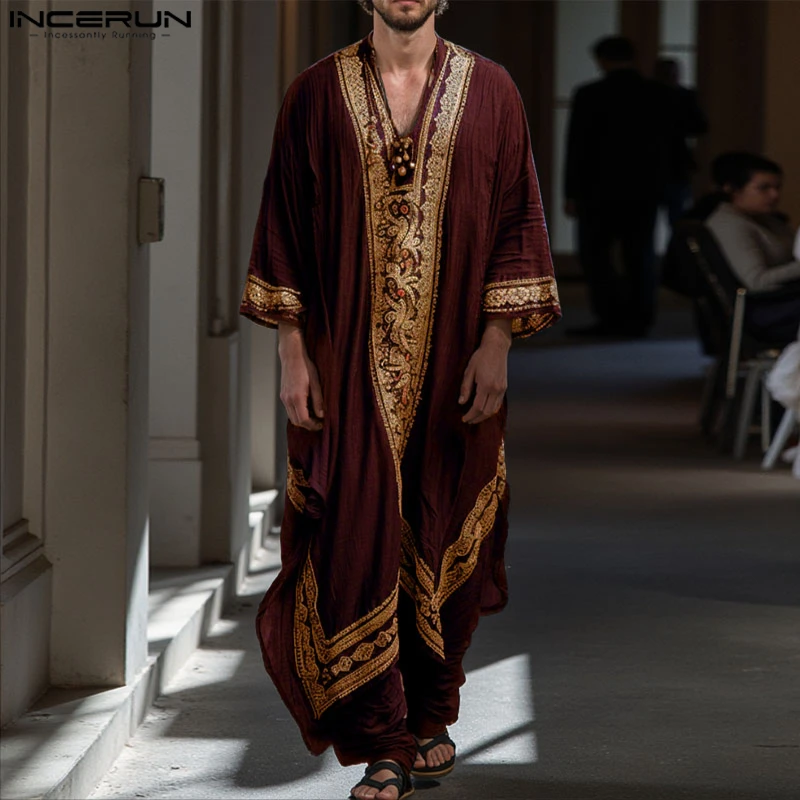 INCERUN Männer Jubba Thobe Druck Patchwork V-ausschnitt Langarm Männliche Roben Muslimischen Kaftan Lose 2025, Arabischen Casual Männer Kaftan Abaya