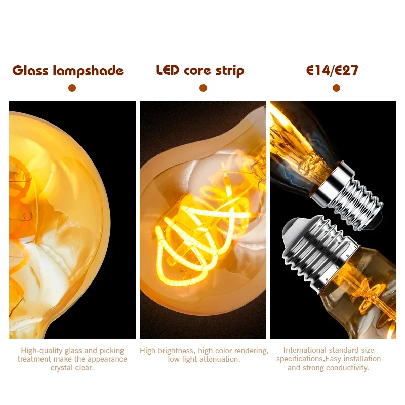 1-10pcs E27 E14 Retro Edison LED Filament Bulb AC 220V Spiral Light C35 G45 A60 ST64 G80 G95 G125 Glass Bulb Retro Candle Lamp
